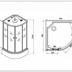 Rysunek techniczny kabiny prysznicowej z widokiem z boku i z góry. Podane są wymiary: 900x900 mm, wysokość 2150 mm.