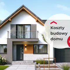Nowoczesny dom z garażem, na którym widnieje napis "Koszty budowy domu 150 m²".