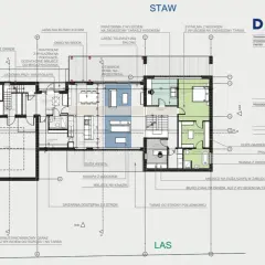 Projekt architektoniczno budowlany domu z garażem, salonem, kuchnią, pracownią i sypialniami.