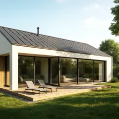 Nowoczesny dom pasywny z dużymi przeszkleniami i drewnianym tarasem, otoczony zielenią.