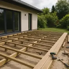Budowa tarasu na dachu domu. Drewniana konstrukcja czeka na deski, obok leżą narzędzia i materiały.