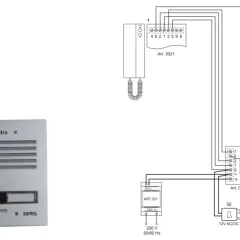 Schemat instalacji domofonowej z unifonem, panelem zewnętrznym i zasilaczem.