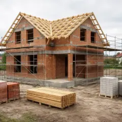 Budowa domu w toku. Zastanawiasz się, ile kosztują plany na budowę domu? Materiały budowlane czekają na użycie.