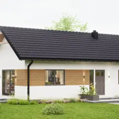 Nowoczesny dom 70m2 pod klucz, z drewnianymi akcentami i dużymi oknami. Idealny na spokojne życie.