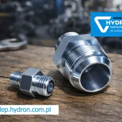 Metalowe złączki hydrauliczne, w tym nypel, leżą na drewnianym blacie. Obok klucz. Logo Hydron.