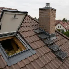 Otwarty luk, drabinka i komin na brązowym dachu. Idealne miejsce na wyjście na dach i podziwianie widoku.