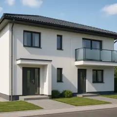 Nowoczesny dom wielorodzinny z dwoma wejściami, balkonem i dużymi oknami, otoczony zielenią.