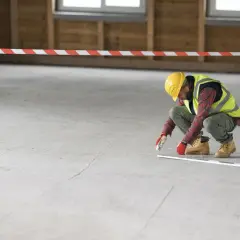 Budowlaniec w kasku i kamizelce mierzy posadzkę betonową.