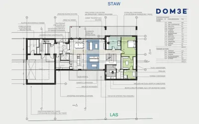 Projekt architektoniczno budowlany domu z garażem, salonem, kuchnią, pracownią i sypialniami.