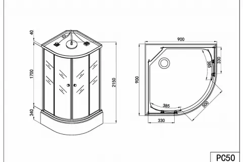 Rysunek techniczny kabiny prysznicowej z widokiem z boku i z góry. Podane są wymiary: 900x900 mm, wysokość 2150 mm.