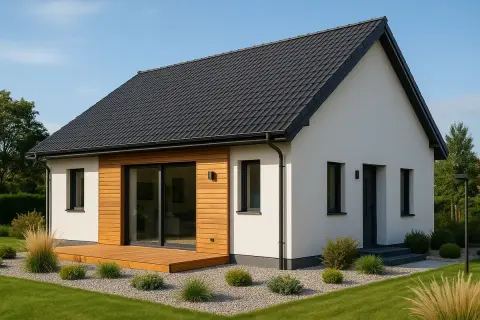Nowoczesny dom 80m2 z drewnianym tarasem i dużymi oknami. Elegancka biel elewacji kontrastuje z ciemnym dachem i stolarką.