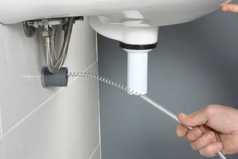 Ręka wsuwa sprężynę do odpływu pod umywalką, pokazując, jak udrożnić rury.