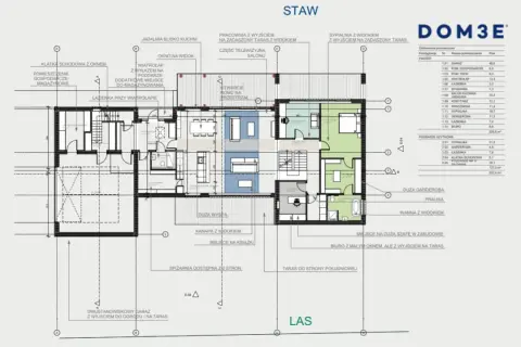 Projekt architektoniczno budowlany domu z garażem, salonem, kuchnią, pracownią i sypialniami.