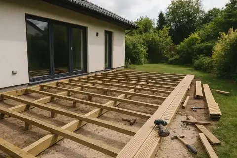 Budowa tarasu na dachu domu. Drewniana konstrukcja czeka na deski, obok leżą narzędzia i materiały.