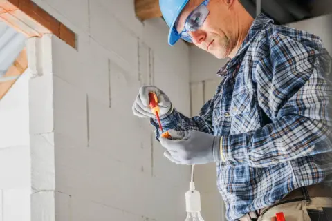 Elektryk w kasku i okularach montuje oprawkę żarówki. Zastanawia się, ile za punkt elektryczny.