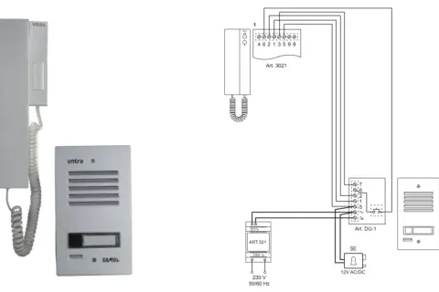 Schemat instalacji domofonowej z unifonem, panelem zewnętrznym i zasilaczem.
