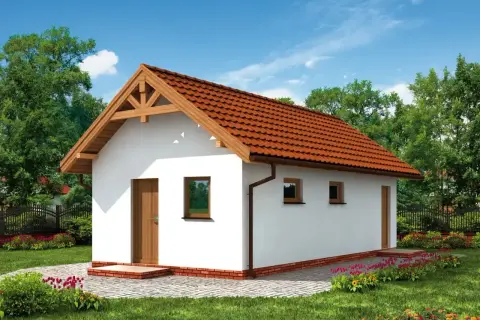Biały budynek gospodarczy z czerwonym dachem, otoczony zielenią i kwitnącymi kwiatami.