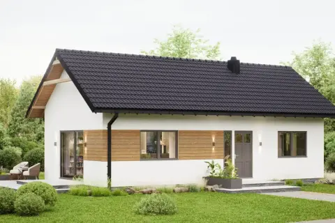 Nowoczesny dom 70m2 pod klucz, z drewnianymi akcentami i dużymi oknami. Idealny na spokojne życie.