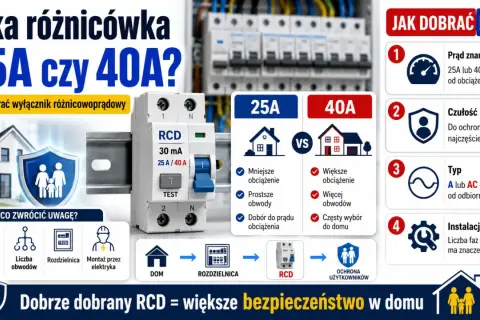 Porównanie wyłączników różnicowoprądowych 25A i 40A. Wybór zależy od obciążenia i liczby obwodów w domu.