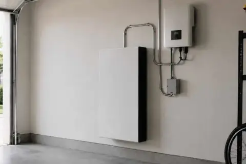 Biały magazyn energii i falownik na ścianie garażu. System zapewnia niezależność energetyczną.