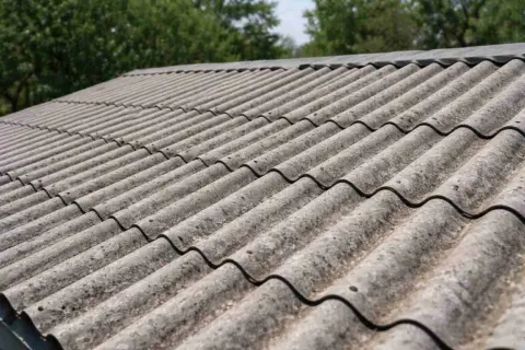 Szary eternit na dachu, pokryty mchem i porostami, świadczy o jego długim stażu.