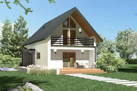Nowoczesny dom z tarasem i balkonem, otoczony zielenią. Idealne gotowe domy pod klucz do 300 tys.
