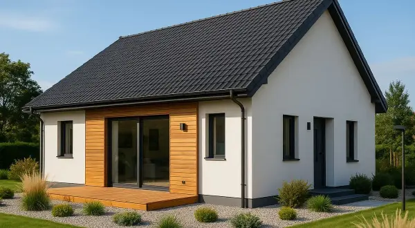 Nowoczesny dom 80m2 z drewnianym tarasem i dużymi oknami. Elegancka biel elewacji kontrastuje z ciemnym dachem i stolarką.