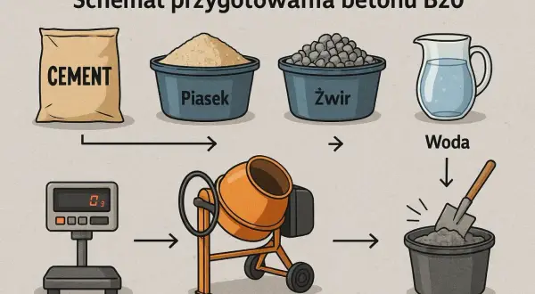 Schemat przygotowania betonu B20: cement, piasek, żwir i woda są odmierzane, mieszane w betoniarce, a następnie w wiadrze z łopatą. Kluczowe są odpowiednie proporcje betonu.