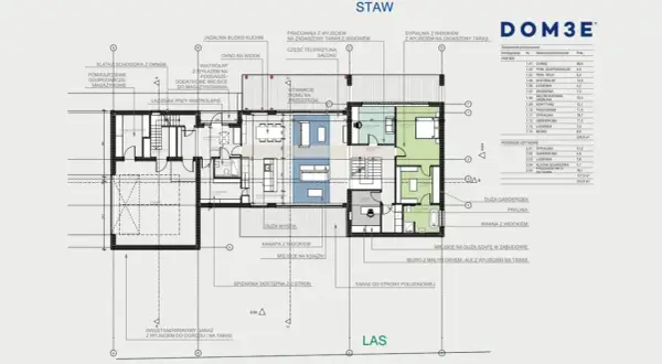 Projekt architektoniczno budowlany domu z garażem, salonem, kuchnią, pracownią i sypialniami.