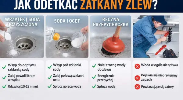 Jak odetkać zatkany zlew? Sposoby: soda i wrzątek, soda i ocet, przepychaczka. Gdy woda nie spływa, pojawia się zapach lub zatory, szukaj pomocy.