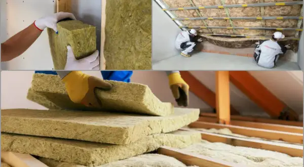 Pracownicy montują wełnę mineralną na poddaszu. Widać stosy izolacji i proces jej układania.