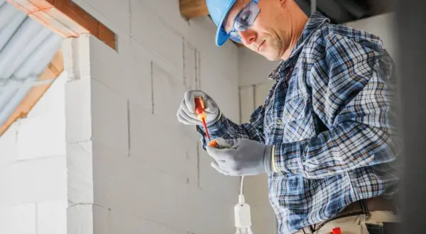 Elektryk w kasku i okularach montuje oprawkę żarówki. Zastanawia się, ile za punkt elektryczny.