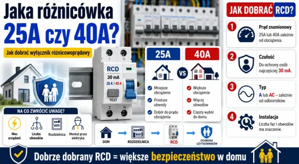 Porównanie wyłączników różnicowoprądowych 25A i 40A. Wybór zależy od obciążenia i liczby obwodów w domu.