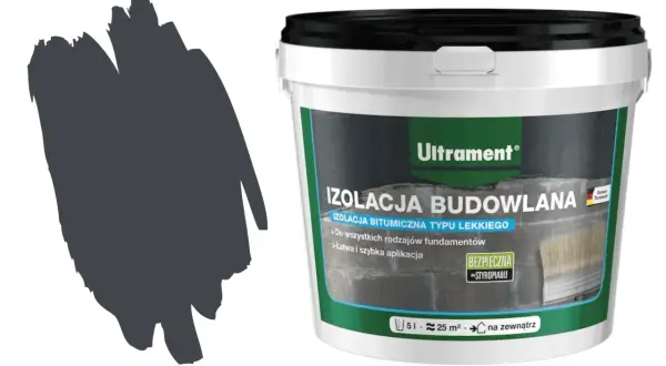 Pojemnik z masą izolacyjną Ultrament, idealną do ochrony fundamentów. Abizol p zapewnia łatwą aplikację i bezpieczeństwo dla styropianu.