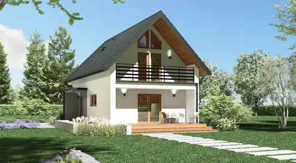 Nowoczesny dom z tarasem i balkonem, otoczony zielenią. Idealne gotowe domy pod klucz do 300 tys.