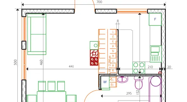 Projekt funkcjonalnego domu 35m2: salon z aneksem kuchennym, łazienka i sypialnia.