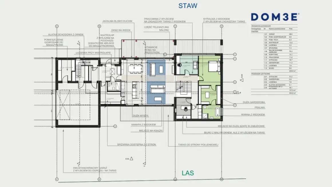 Projekt architektoniczno budowlany domu z garażem, salonem, kuchnią, pracownią i sypialniami.