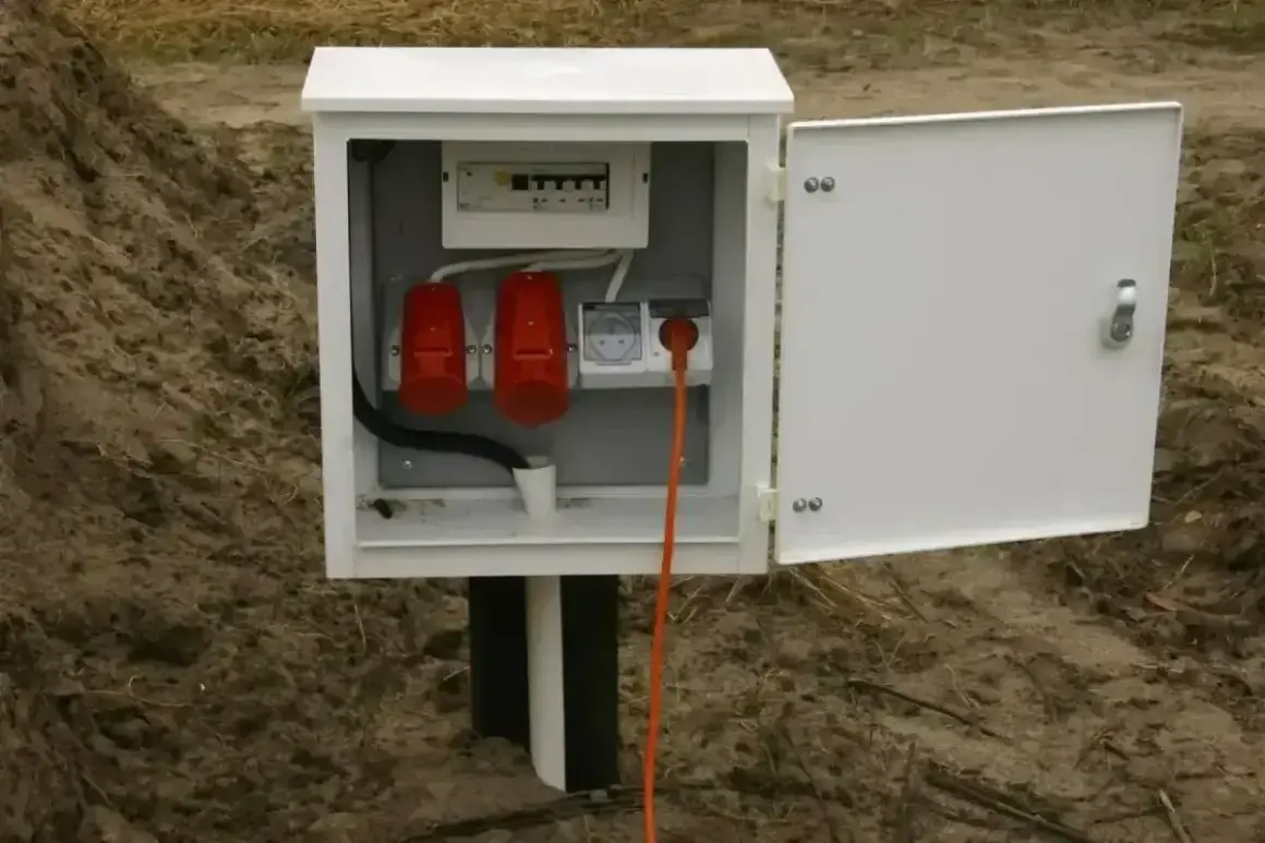 Skrzynka elektryczna na działce bez domu, gotowa do podłączenia prądu. W środku bezpieczniki i gniazda.