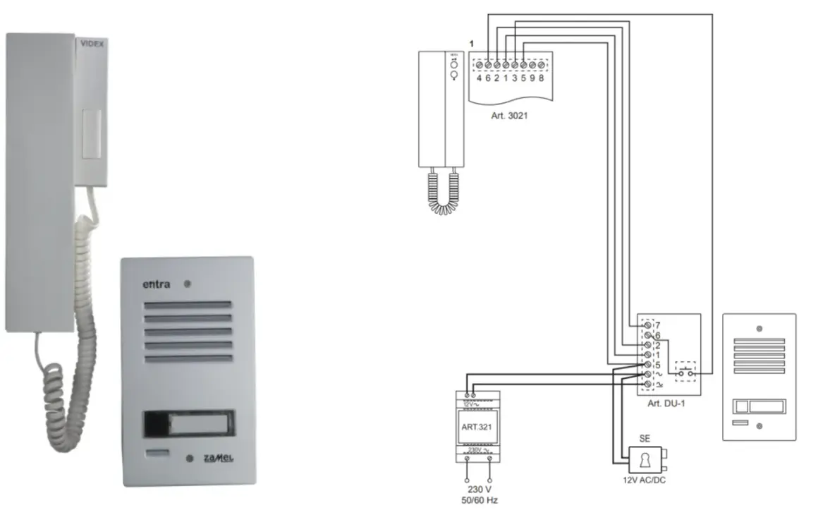 Schemat instalacji domofonowej z unifonem, panelem zewnętrznym i zasilaczem.