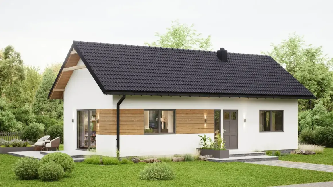 Nowoczesny dom 70m2 pod klucz, z drewnianymi akcentami i dużymi oknami. Idealny na spokojne życie.