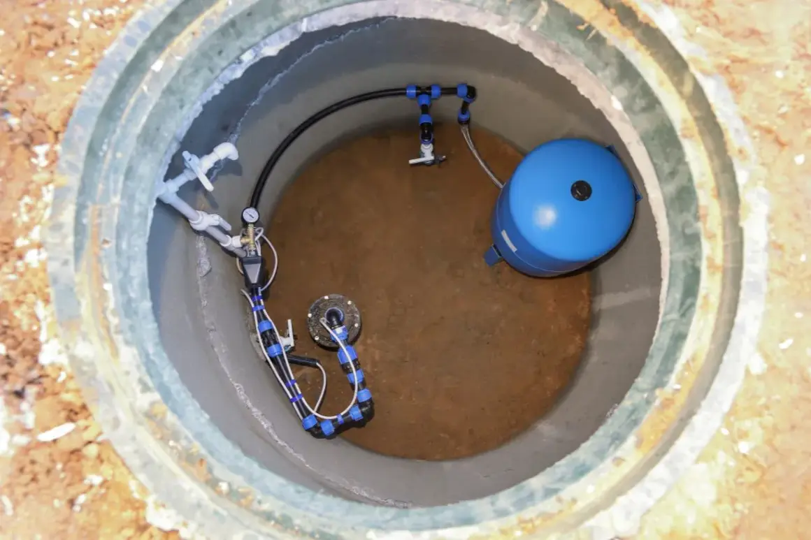Wykończenie studni głębinowej: niebieski zbiornik hydroforowy i system rur z manometrem.