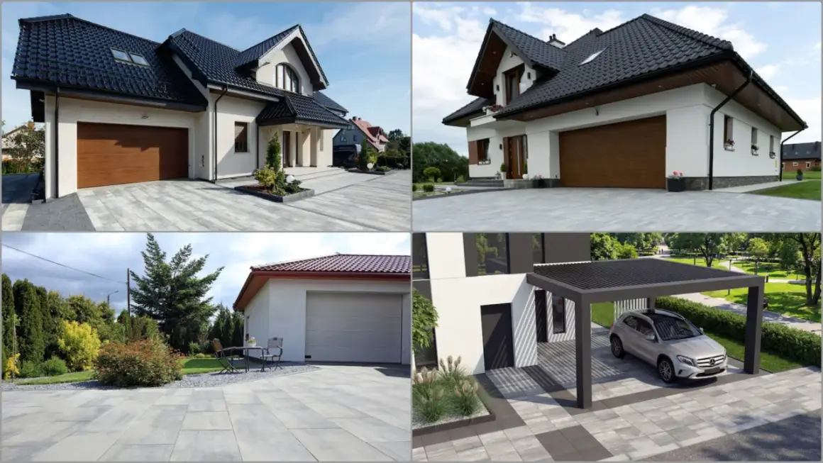Nowoczesny podjazd do domu z garażem i wiatą samochodową. Eleganckie płyty betonowe tworzą schludną przestrzeń.