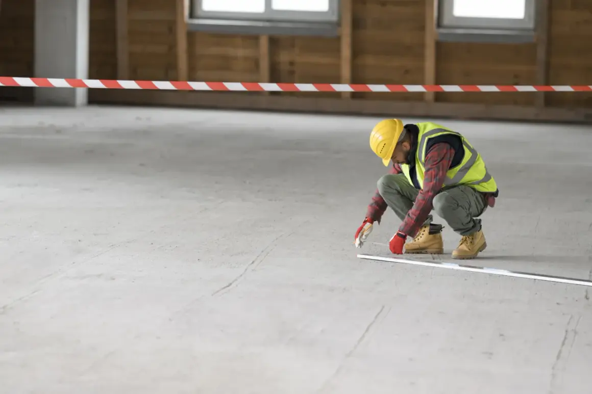 Budowlaniec w kasku i kamizelce mierzy posadzkę betonową.