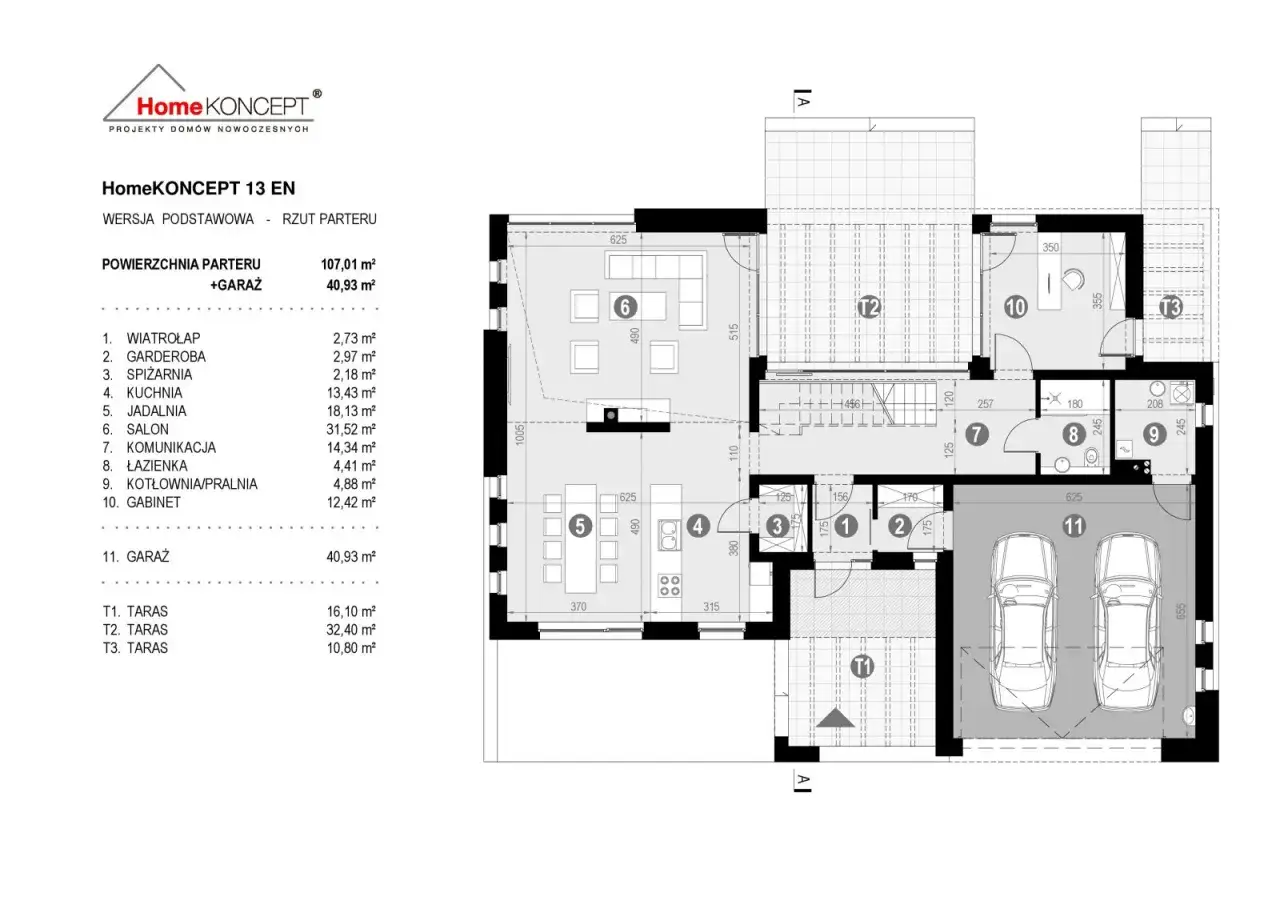 Rzut parteru z zaznaczonymi pomieszczeniami i ich powierzchniami. Całkowita powierzchnia budynku z garażem to 147,94 m².