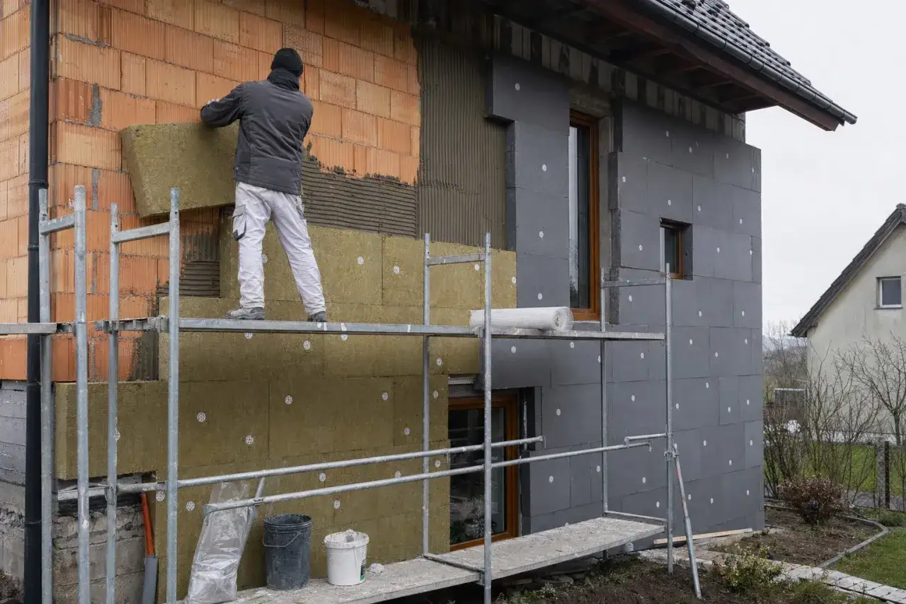 Budowlaniec na rusztowaniu montuje izolację z wełny mineralnej, która zapewni niski lambda styropianu.