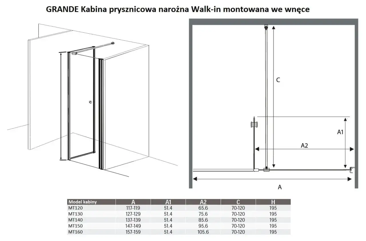 Schemat kabiny prysznicowej GRANDE z podanymi wymiarami A, A1, A2, C, H. Tabela zawiera szczegółowe wymiary prysznic dla różnych modeli.