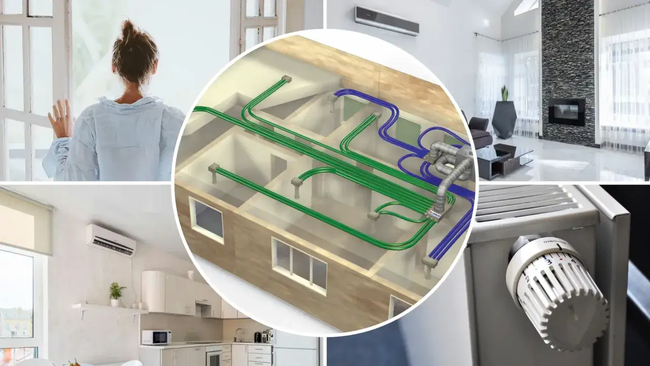 Wizualizacja instalacji wentylacyjnej i grzewczej w nowoczesnym, domu energooszczędnym. Widok przekroju budynku z systemem kanałów, klimatyzacja, nowoczesny salon i kuchnia.