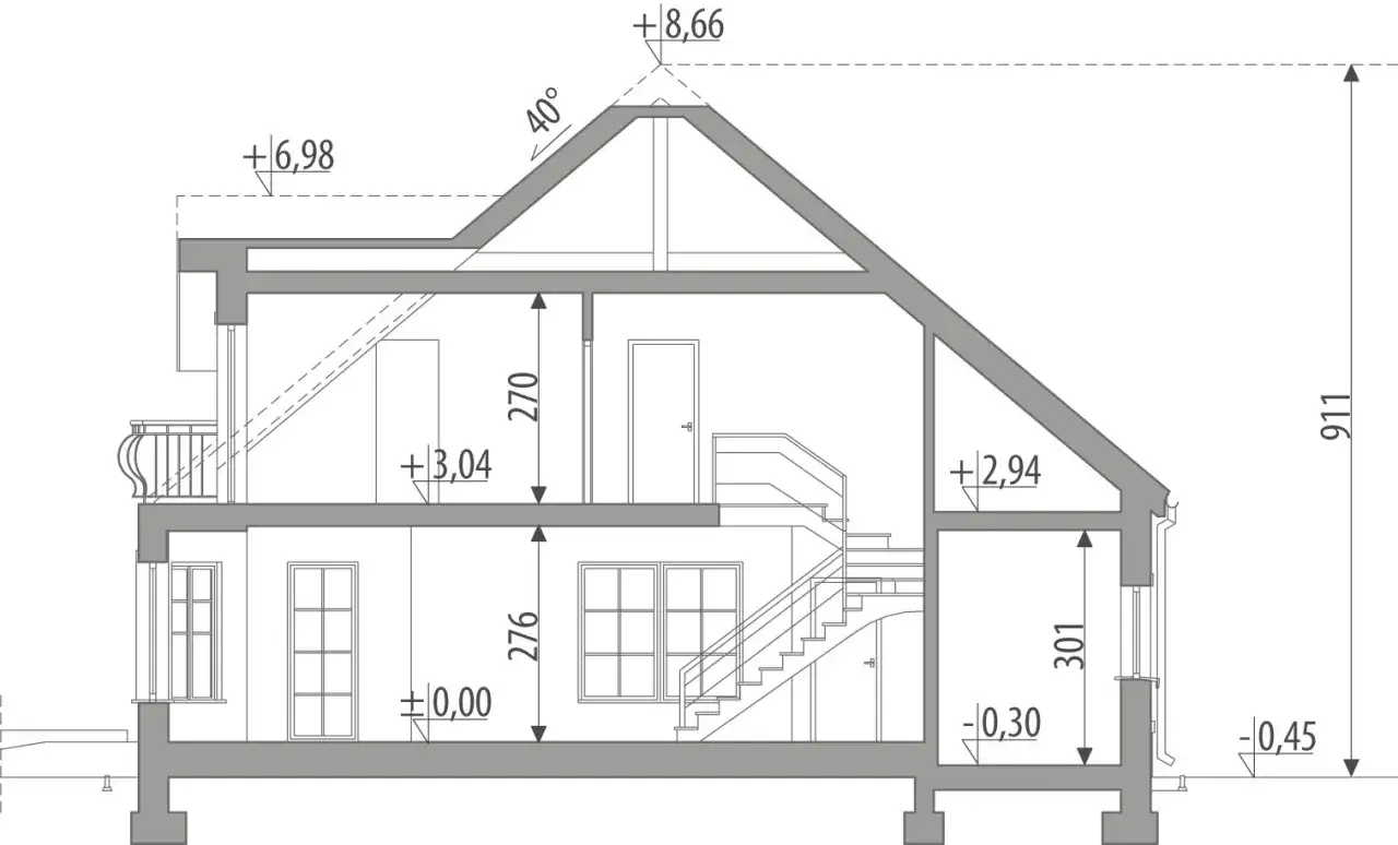 Przekrój budynku z wymiarami, pokazujący schody, okna i balkon. To fragment projektu architektoniczno budowlanego.