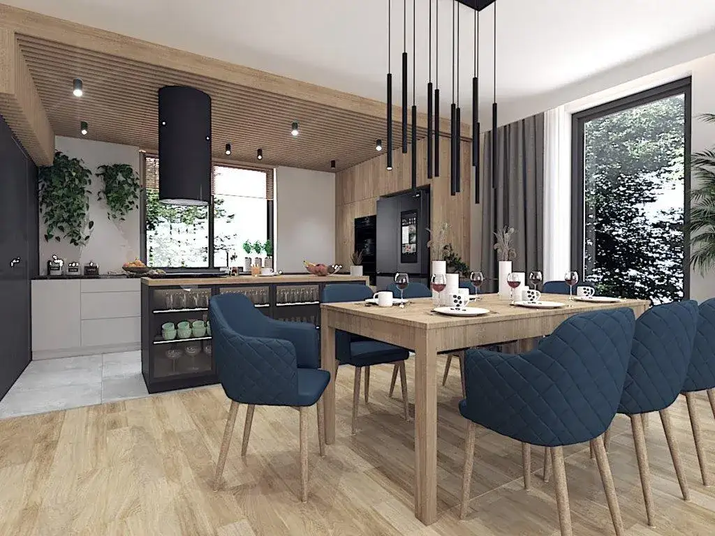 projekt kuchni otwartej na salon z widocznymi instalacjami