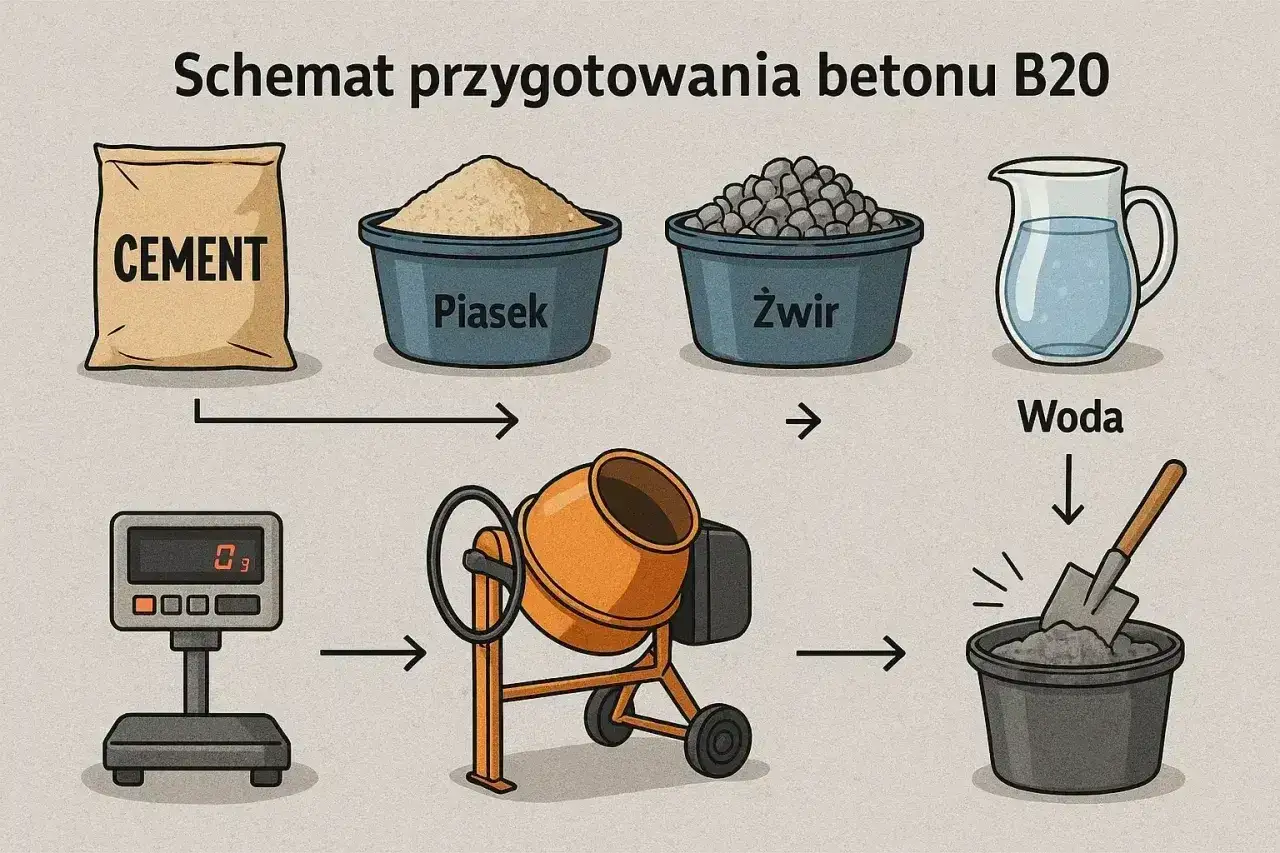 Schemat jak zrobić beton B20: cement, piasek, żwir i woda trafiają do betoniarki, a następnie do wiadra.